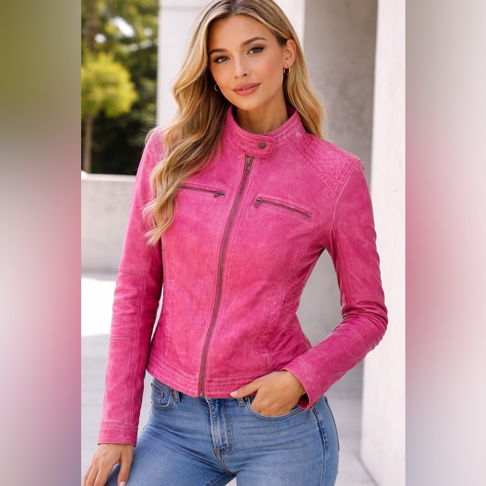 DANIER Women’s Pink Genuine Leather Lambskin Bomber Motorcycle Jacket XS